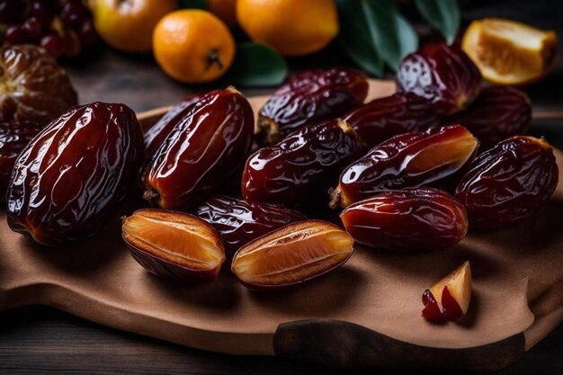 Foto un plato de dátiles y almendras con la palabra almendras en él