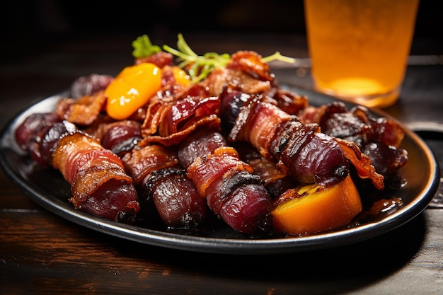 Un plato de dátiles y dátiles rellenos de chorizo envueltos en tocino