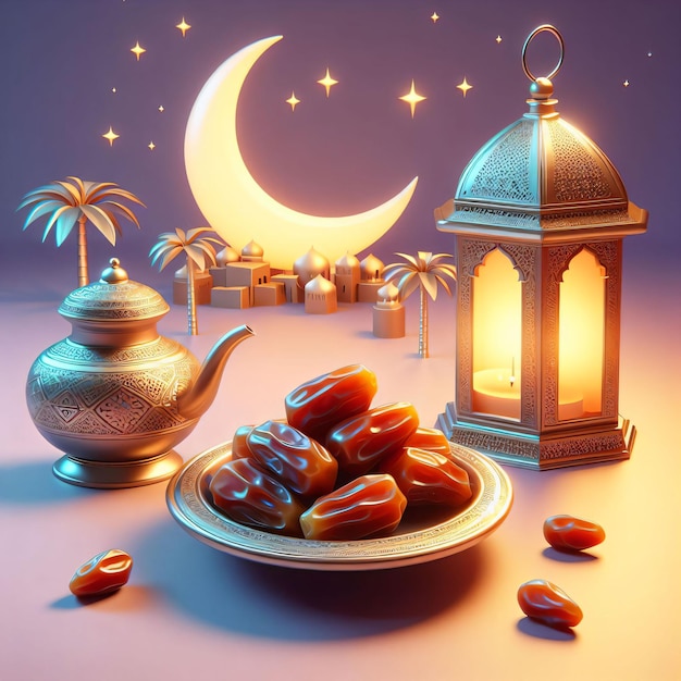 Foto un plato de dátiles junto a la linterna del ramadán
