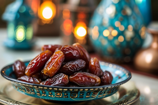 Foto un plato de dátiles y linternas árabes iftar y sahur ramadán