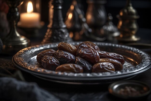 Foto un plato de dátiles con la palabra ramadán