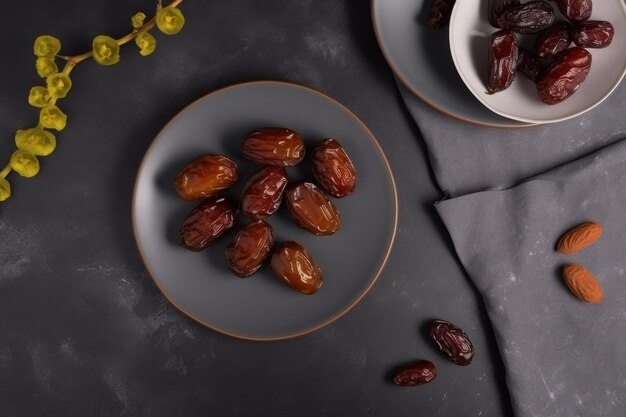 Foto un plato de dátiles sobre una mesa oscura.