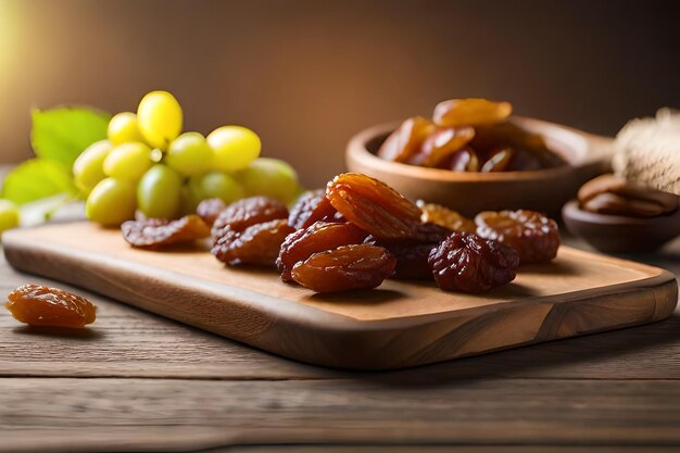 Un plato de dátiles y uvas en una mesa de madera