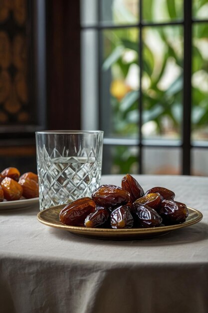 Foto plato de dátiles con un vaso de agua ramadán ifter foto