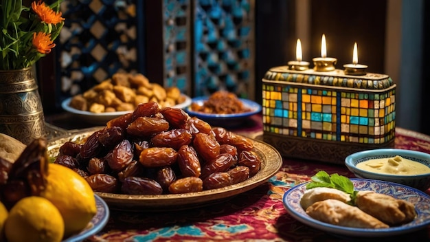 plato de dátiles con un vaso de agua ramadán ifter foto