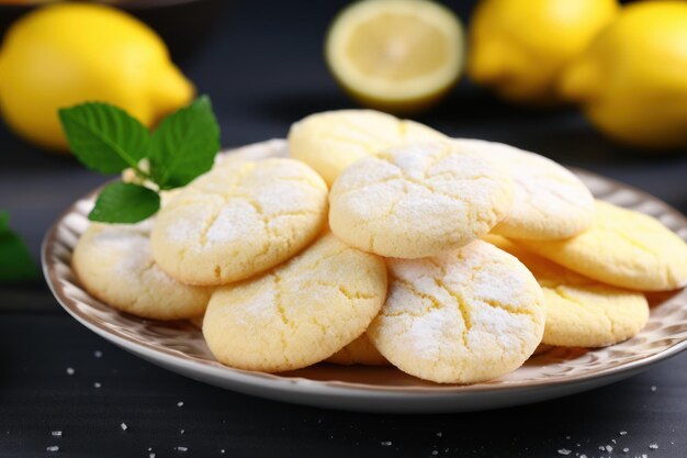 Plato con deliciosas galletas de limón en la mesa de primer plano