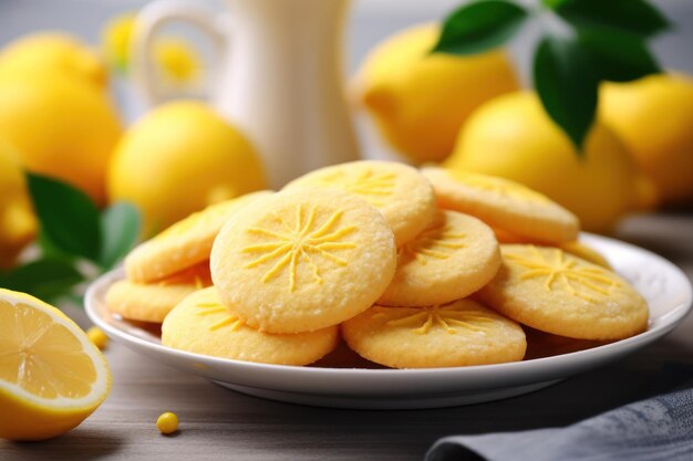 Foto plato con deliciosas galletas de limón en la mesa de primer plano