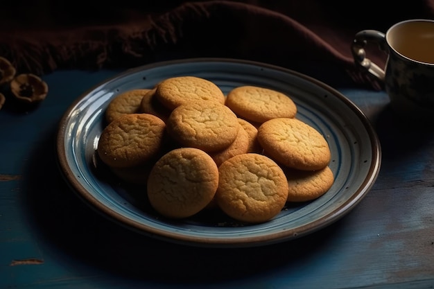 Plato de deliciosas galletas y una taza de té humeante para una merienda acogedora IA generativa