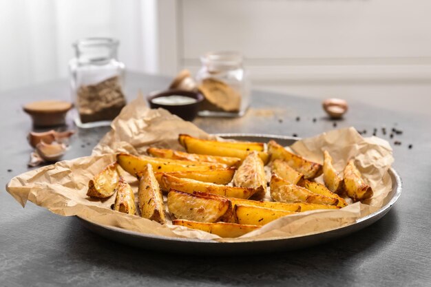 Plato con deliciosas papas al horno en la mesa