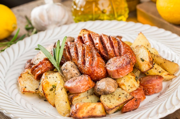 Foto un plato de deliciosas papas y salchichas al horno.