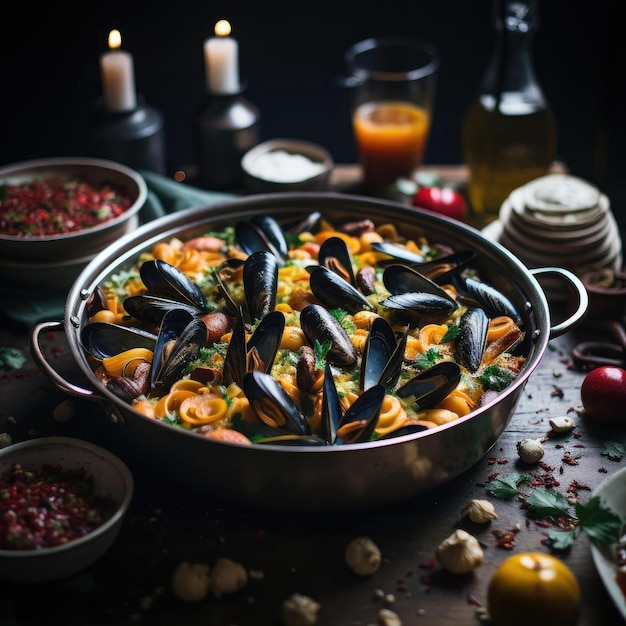 Plato delicioso de mejillones y mariscos en colores vibrantes