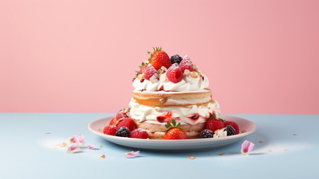 Plato con delicioso pastel de cumpleaños en la mesa contra