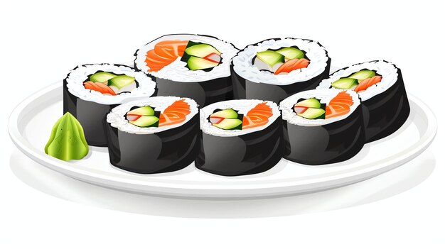 Un plato de delicioso sushi con cangrejo de salmón y aguacate El sushi se sirve con wasabi y salsa de soja