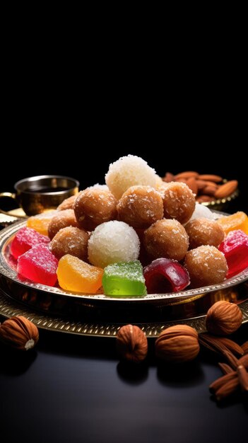 plato de deliciosos y coloridos dulces indios como Laddu y Gulab Jamun