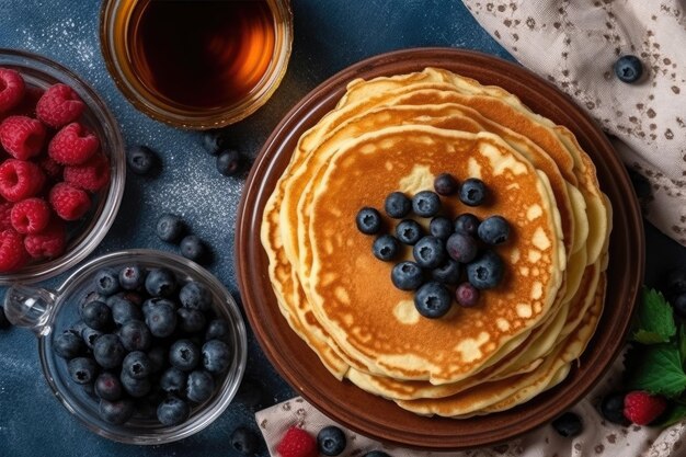 Plato con deliciosos panqueques o crepes finos en la mesa de la cocina AI Generativo