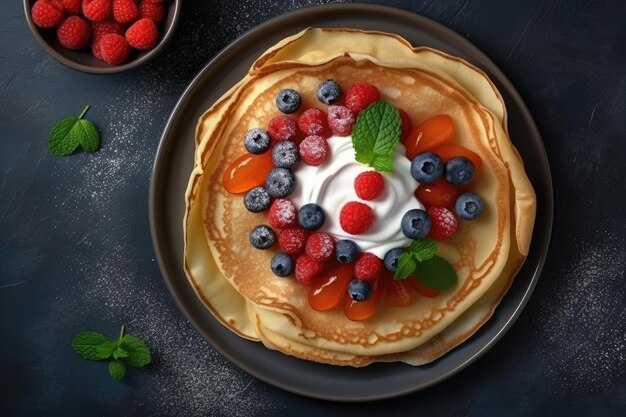 Plato con deliciosos panqueques o crepes finos en la mesa de la cocina AI Generativo