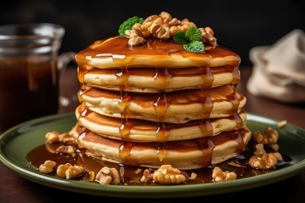 Plato con deliciosos panqueques o crepes finos en la mesa de la cocina AI Generativo