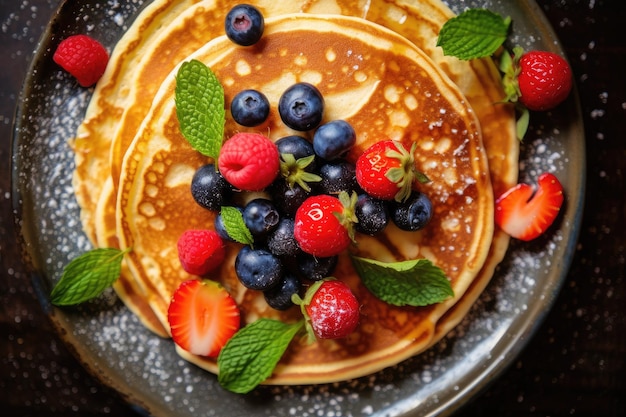 Plato con deliciosos panqueques o crepes finos en la mesa de la cocina AI Generativo