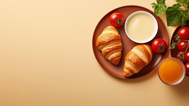 Foto un plato de desayuno con un huevo de tomate y un croissant en un fondo beige ia generativa