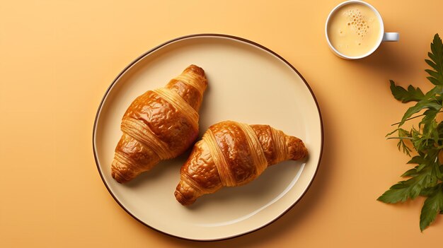 Un plato de desayuno con un huevo de tomate y un croissant en un fondo beige IA generativa