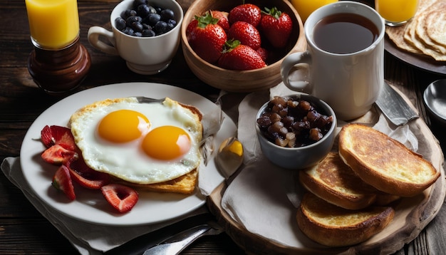 Un plato de desayuno con huevos, frutas y tostadas