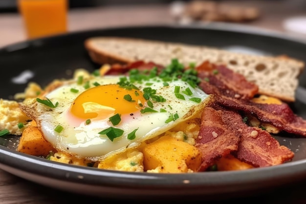 Un plato de desayuno con huevos y pan tostado.