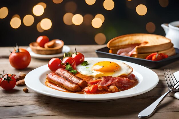 un plato de desayuno con huevos, tocino y huevos.