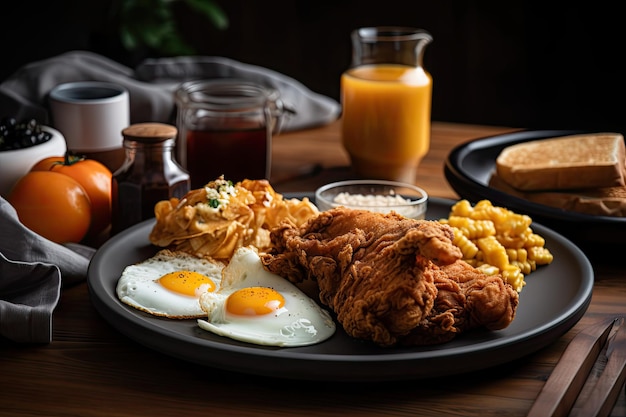 Plato de desayuno con pollo frito y huevos creados con ai generativo