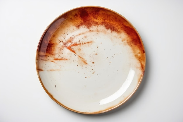 Plato desordenado, recipiente vacío con manchas de aceite y salsa en una superficie blanca