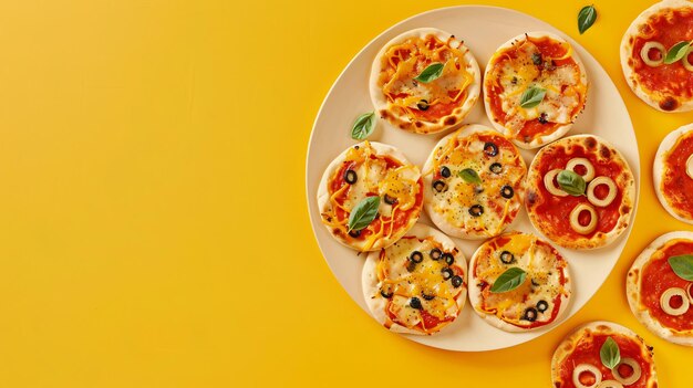 Foto plato con diferentes mini pizzas sabrosas sobre un fondo amarillo