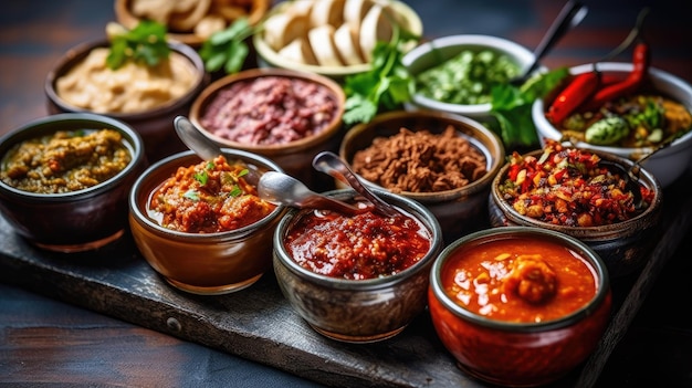 Un plato de diferentes salsas que incluyen salsa, salsa y chips de pita