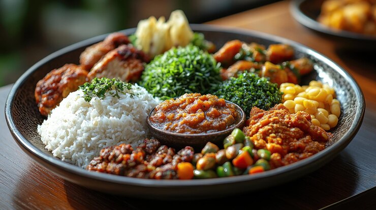 Plato diverso de varios alimentos incluyendo arroz carnes verduras y salsas