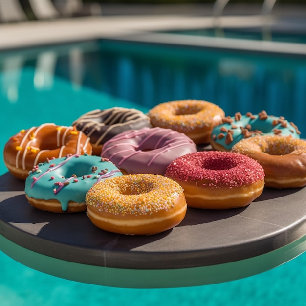 Un plato de donuts con diferentes sabores y uno tiene un fondo azul.