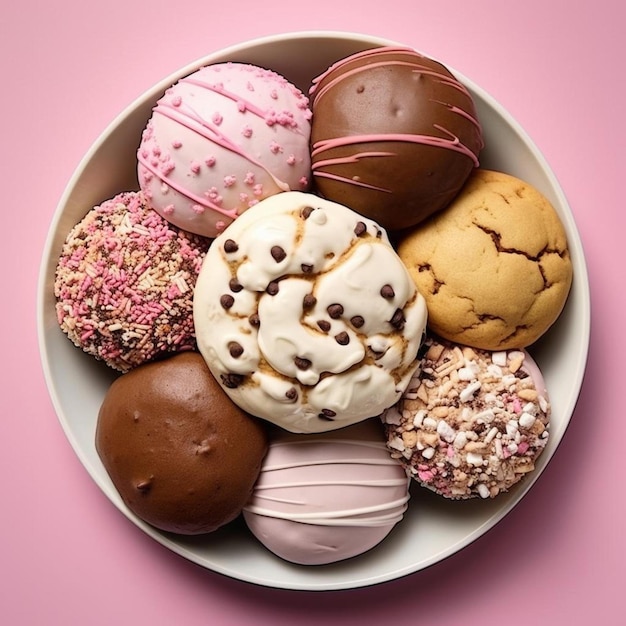 un plato de donuts con un fondo rosa con un toque de chispas en el fondo.