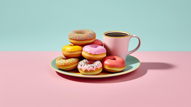 un plato de donuts con una taza de café y una taza de café.