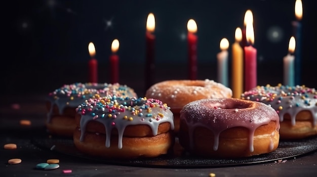 Un plato de donuts con velas al fondo.