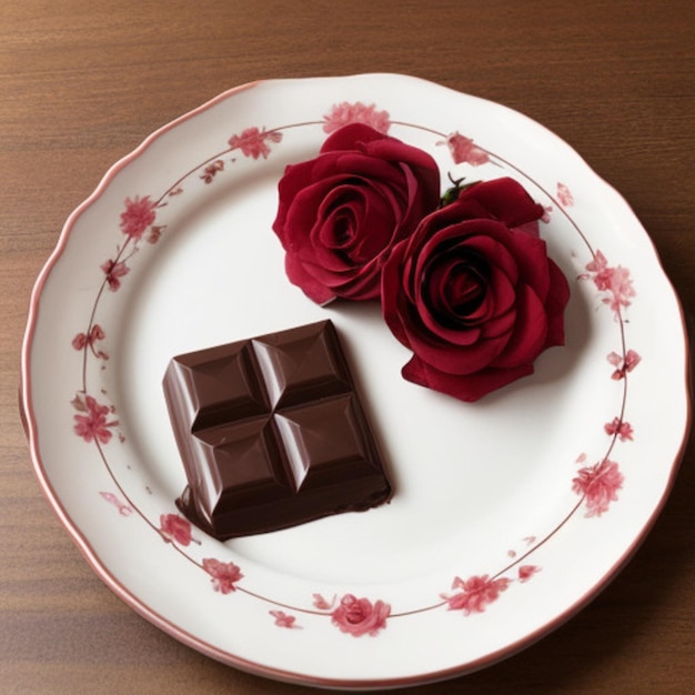 un plato con dos rosas y una barra de chocolate en él