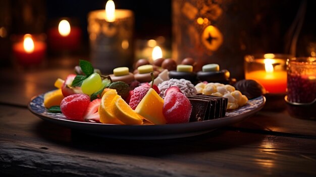 Foto plato de dulces en una mesa con velas
