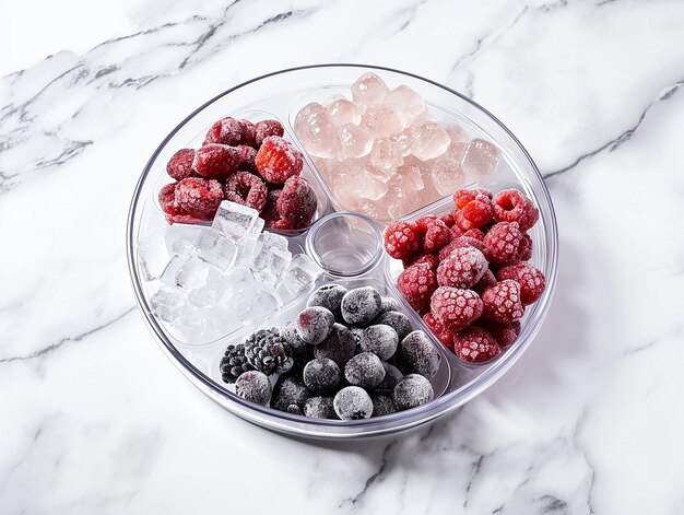 Plato elegante con frutas congeladas en una mesa de mármol claro