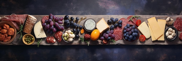 Un plato elegante con una variedad de quesos, salchichas, tomates, uvas y bocadillos dispuestos en una tabla de madera contra un fondo oscuro.