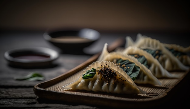 Un plato de empanadas con salsa