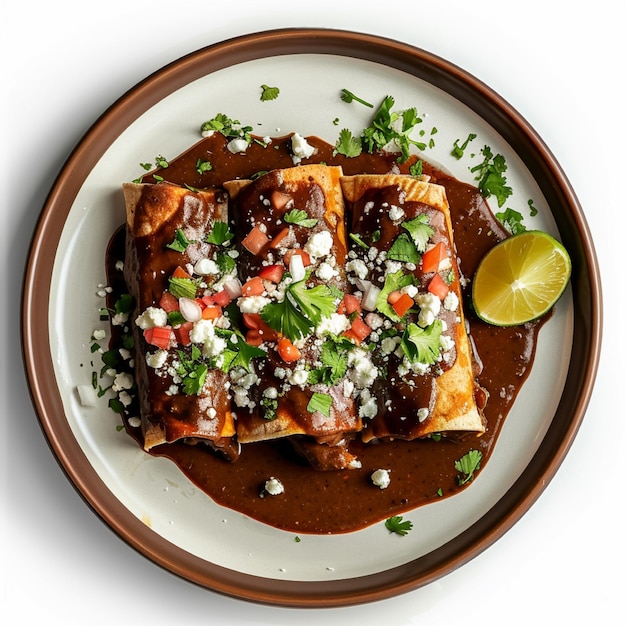 un plato con enchiladas de mole fondo blanco vista desde arriba comida mexicana