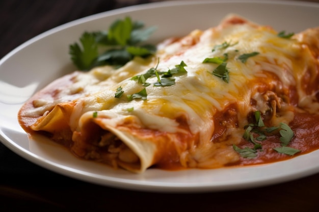 Un plato de enchiladas con una rodaja de perejil encima