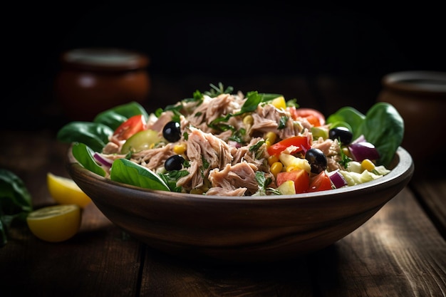 Un plato de ensalada de atún con aceitunas y limones sobre una mesa de madera.