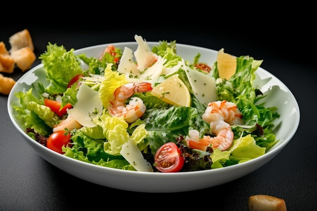 Un plato de ensalada con camarones y queso