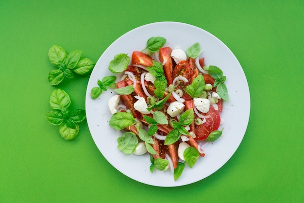 Un plato con ensalada Caprese sobre el fondo verde brillante