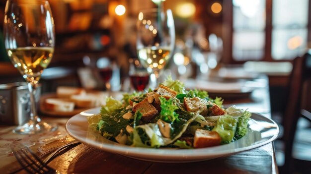 Plato de ensalada César en un entorno clásico de bistró