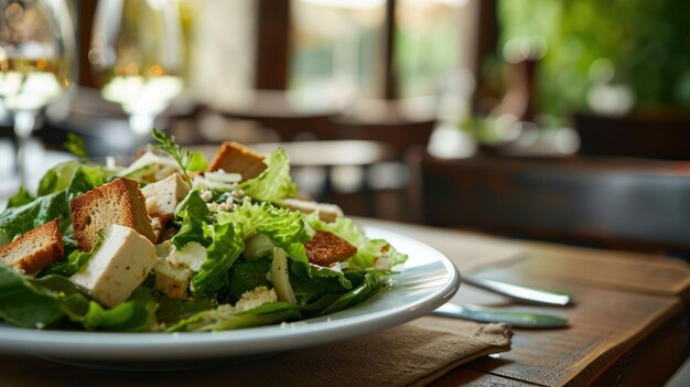 Plato de ensalada César en un entorno clásico de bistró