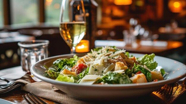 Plato de ensalada César en un entorno clásico de bistró