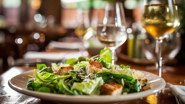 Plato de ensalada César en un entorno clásico de bistró